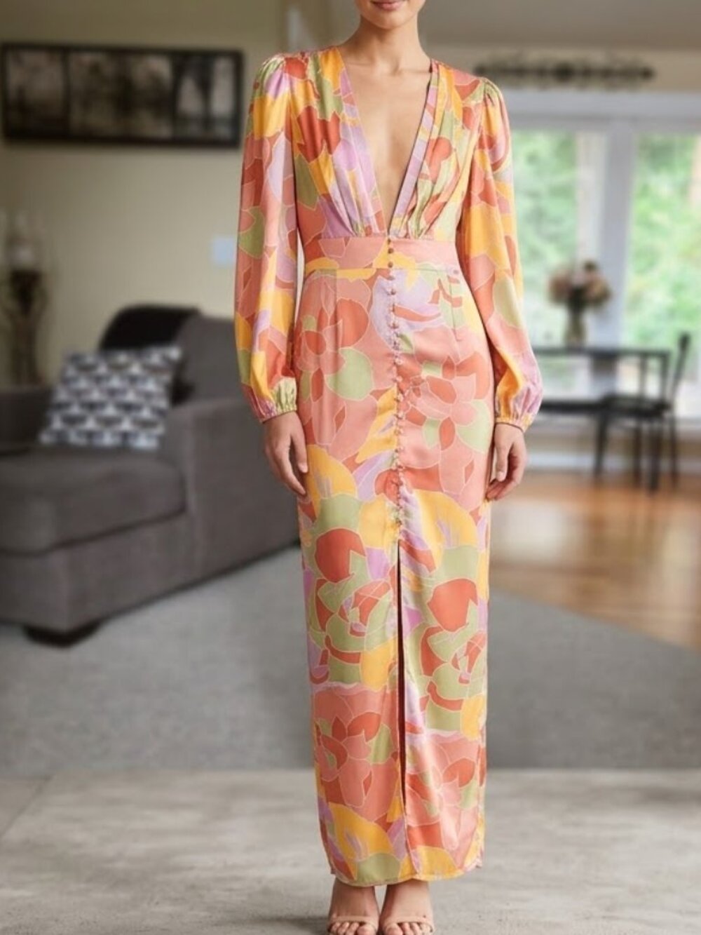 NWT Runaway the label sz Large (US 8) colorful button front plunging neck dress